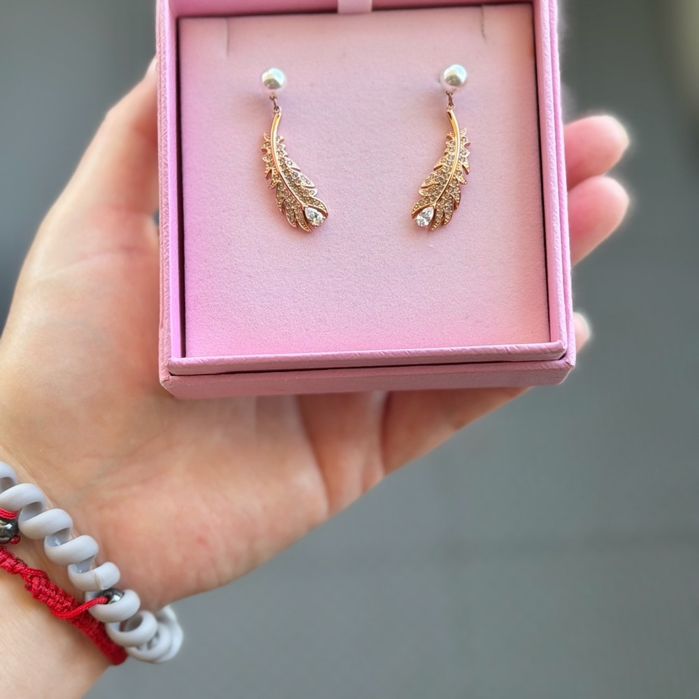 New Swarovski Gold Feather Drop Earrings with Pearl Studs - Women Jewelry